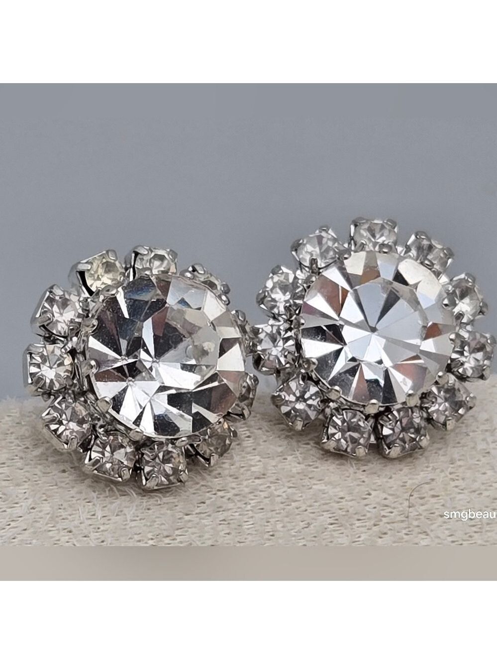 Vintage Crystal Stud Earrings Large Round & Clear Accent Stones 3/4” Bridal